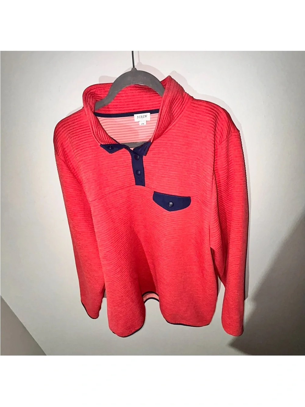 J Crew Coral Pullover Top with Navy Trim